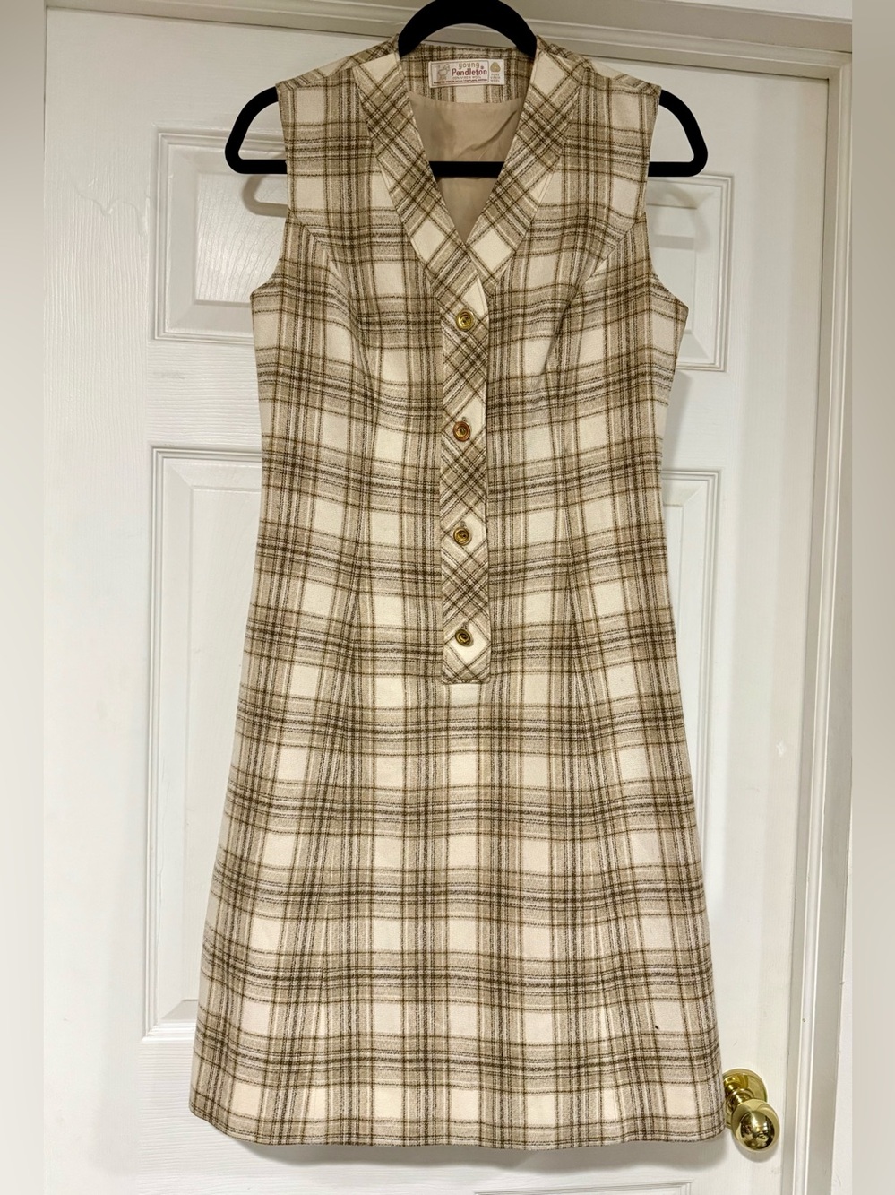 Vintage! Young Pendleton Cream and Brown Plaid Sleeveless V-Neck Dress
